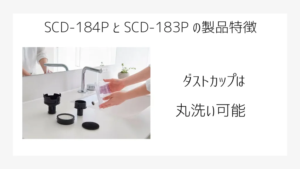 SCD-184P、SCD-183Pの製品特徴説明、水洗い可能ダストカップ